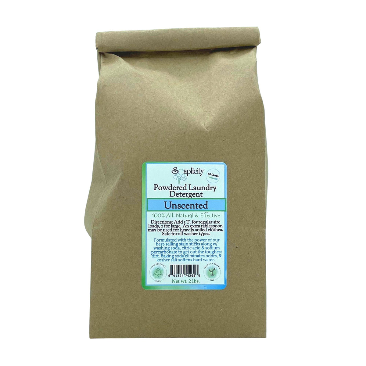 Soaplicity's 100% All-Natural Laundry Detergent, Unscented - 42+Loads | Biodegradable Container