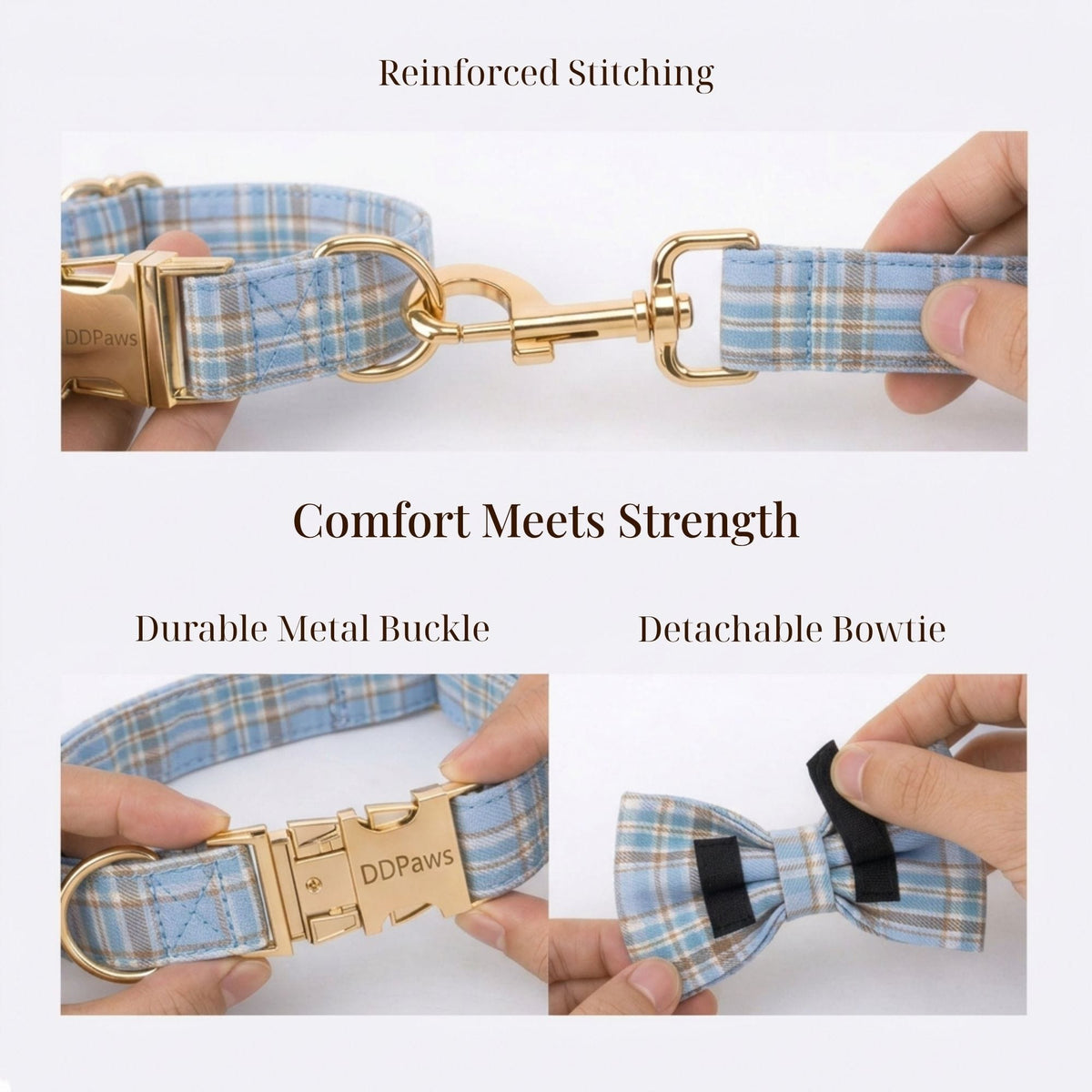 Personalized No-Pull Dog Harness Set – Blue Plaid | Custom Collar, Leash & Engraved Hardware