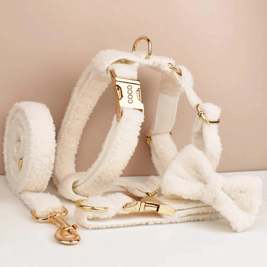 Handmade Knitted Dog Harness Set – Wedding Teddy | Personalized Collar, Leash & Engraved Buckle