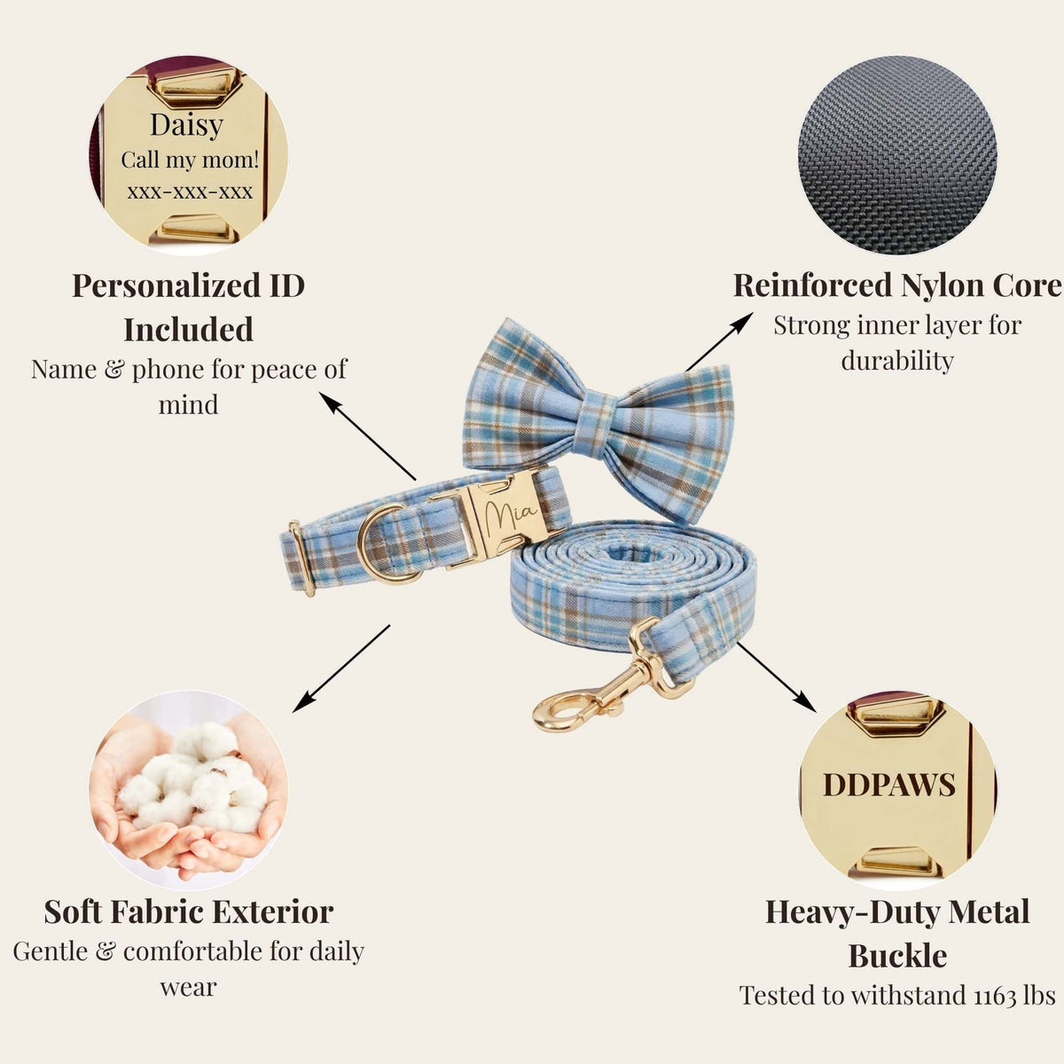 Personalized No-Pull Dog Harness Set – Blue Plaid | Custom Collar, Leash & Engraved Hardware