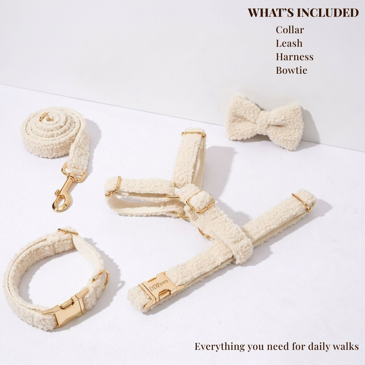 Handmade Knitted Dog Harness Set – Wedding Teddy | Personalized Collar, Leash & Engraved Buckle