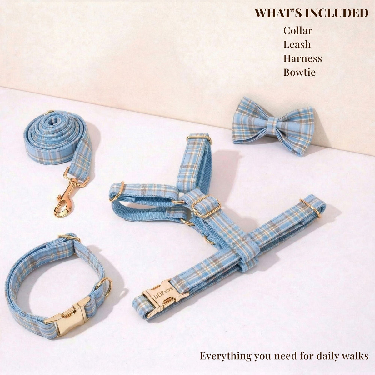 Personalized No-Pull Dog Harness Set – Blue Plaid | Custom Collar, Leash & Engraved Hardware