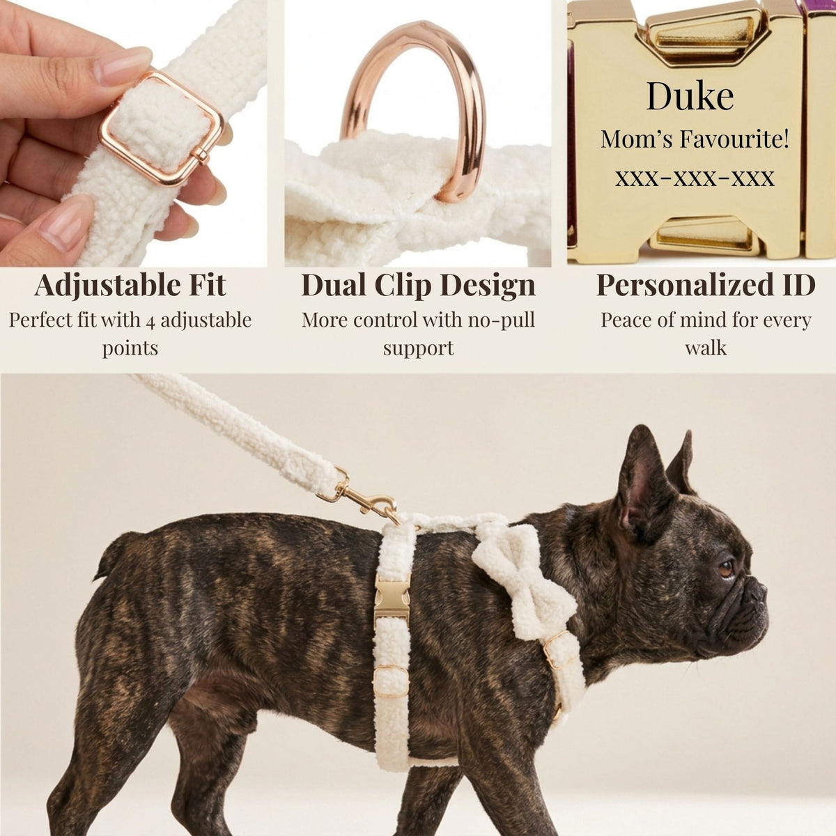 Handmade Knitted Dog Harness Set – Wedding Teddy | Personalized Collar, Leash & Engraved Buckle