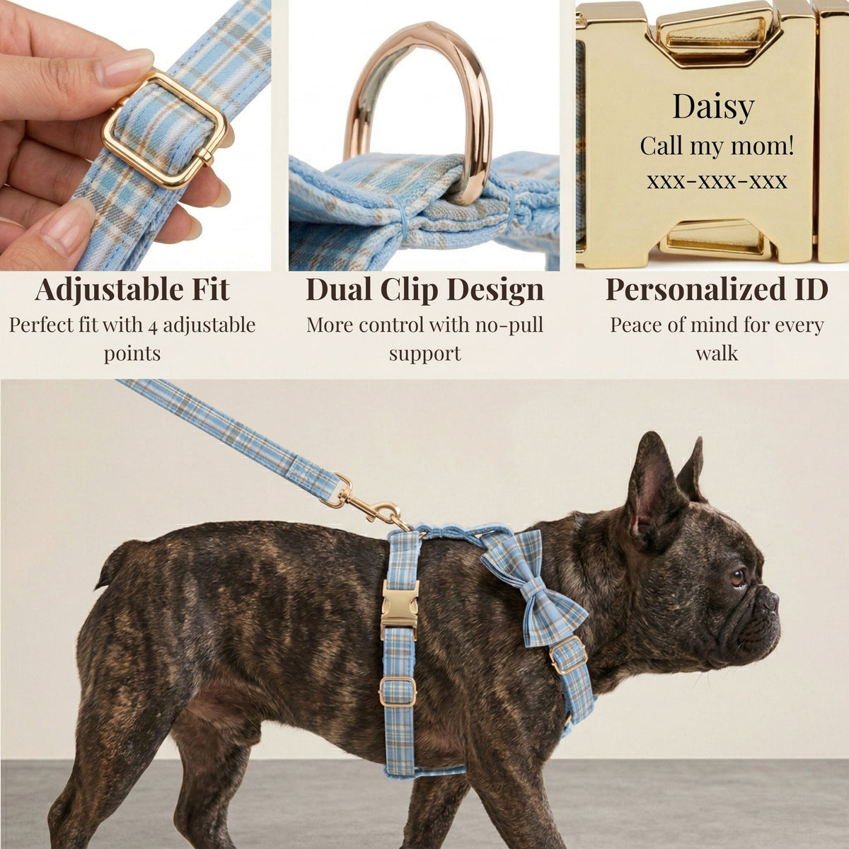 Personalized No-Pull Dog Harness Set – Blue Plaid | Custom Collar, Leash & Engraved Hardware