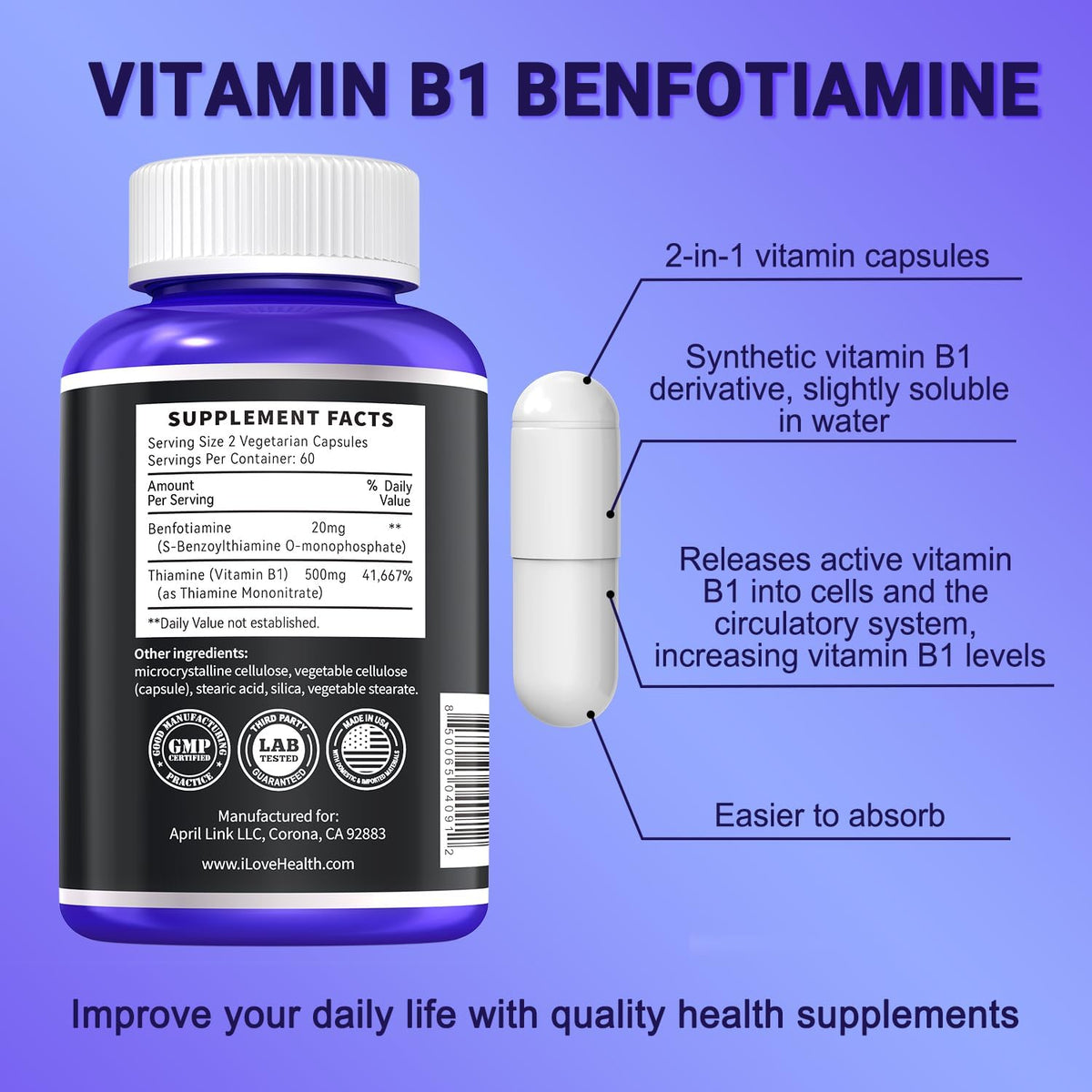 Vitamin B1 500mg with Benfotiamine 20mg, 120 Capsules