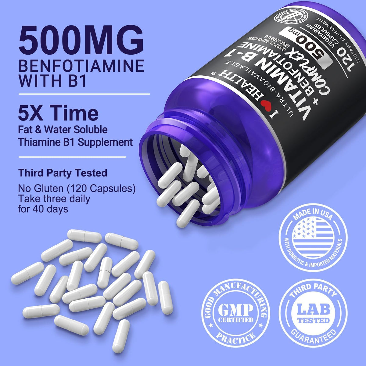 Vitamin B1 500mg with Benfotiamine 20mg, 120 Capsules