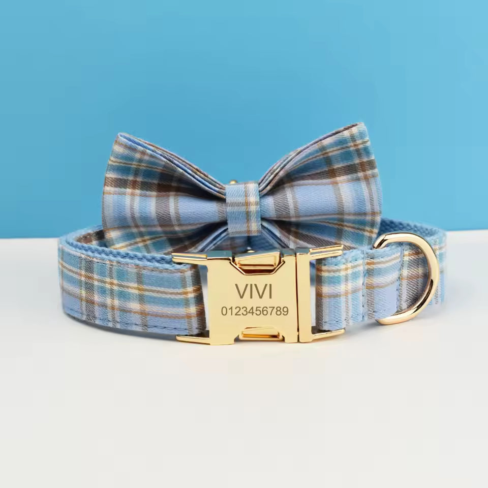 Personalized No-Pull Dog Harness Set – Blue Plaid | Custom Collar, Leash & Engraved Hardware