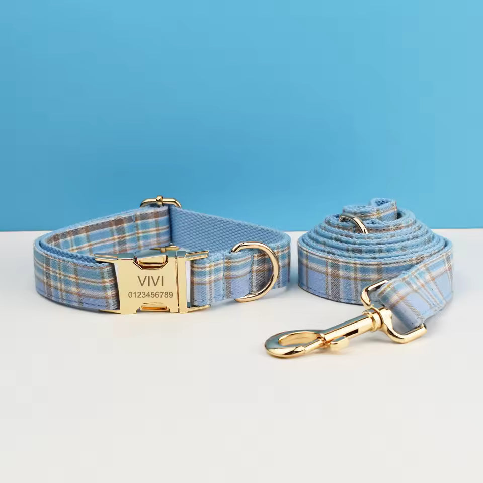 Personalized No-Pull Dog Harness Set – Blue Plaid | Custom Collar, Leash & Engraved Hardware