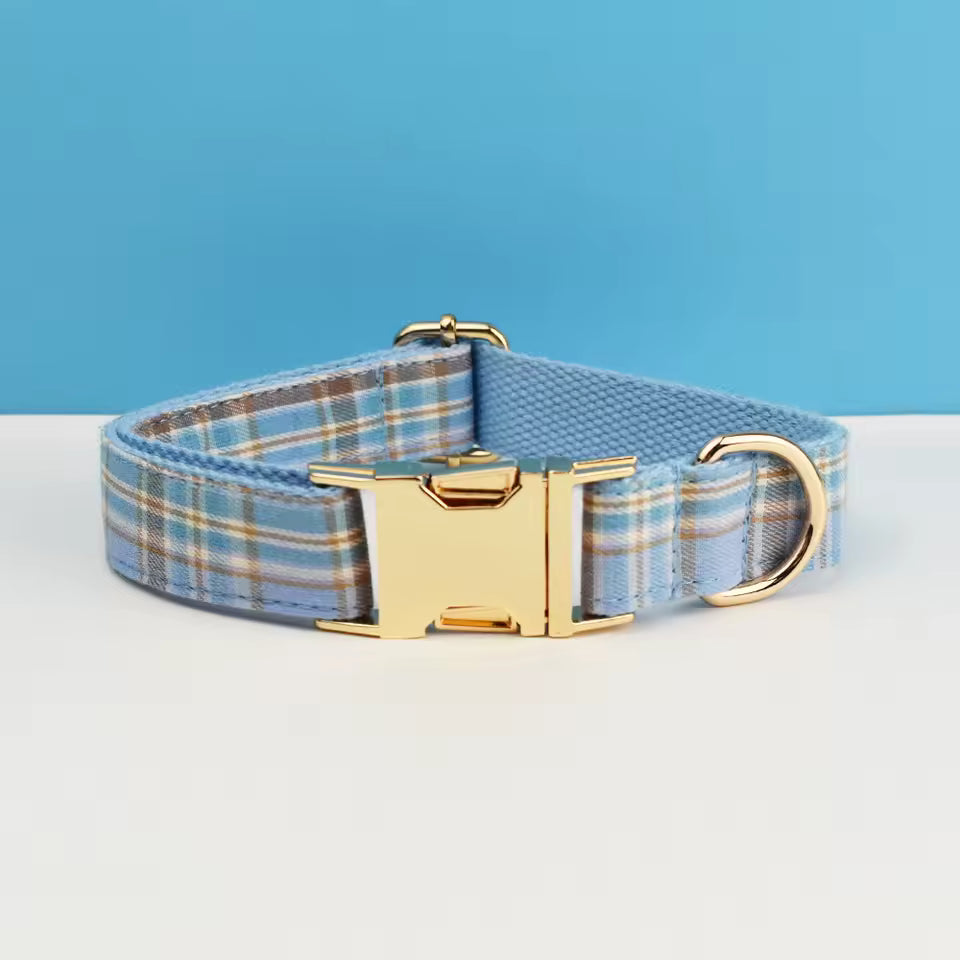 Personalized No-Pull Dog Harness Set – Blue Plaid | Custom Collar, Leash & Engraved Hardware
