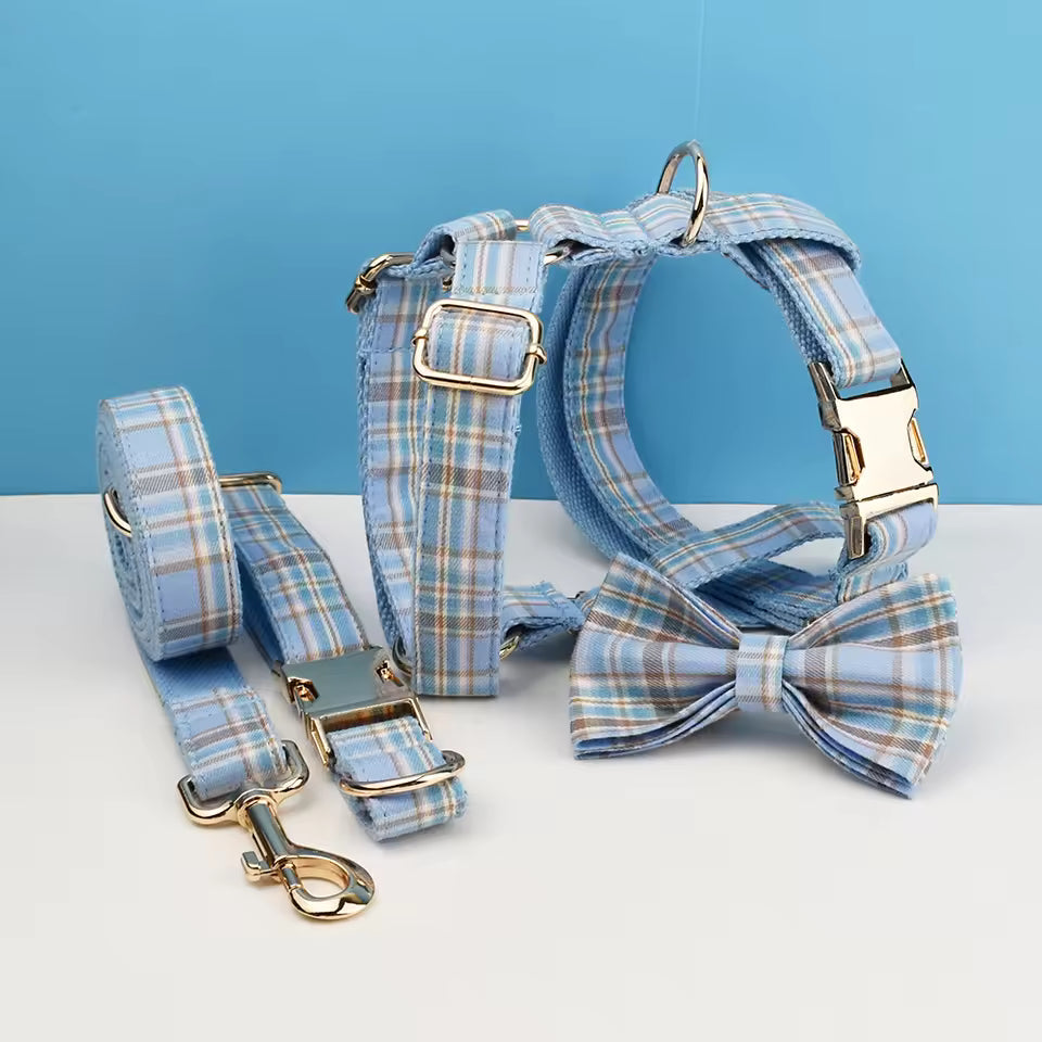 Personalized No-Pull Dog Harness Set – Blue Plaid | Custom Collar, Leash & Engraved Hardware
