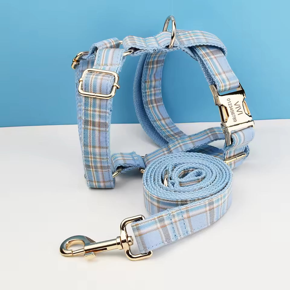 Personalized No-Pull Dog Harness Set – Blue Plaid | Custom Collar, Leash & Engraved Hardware