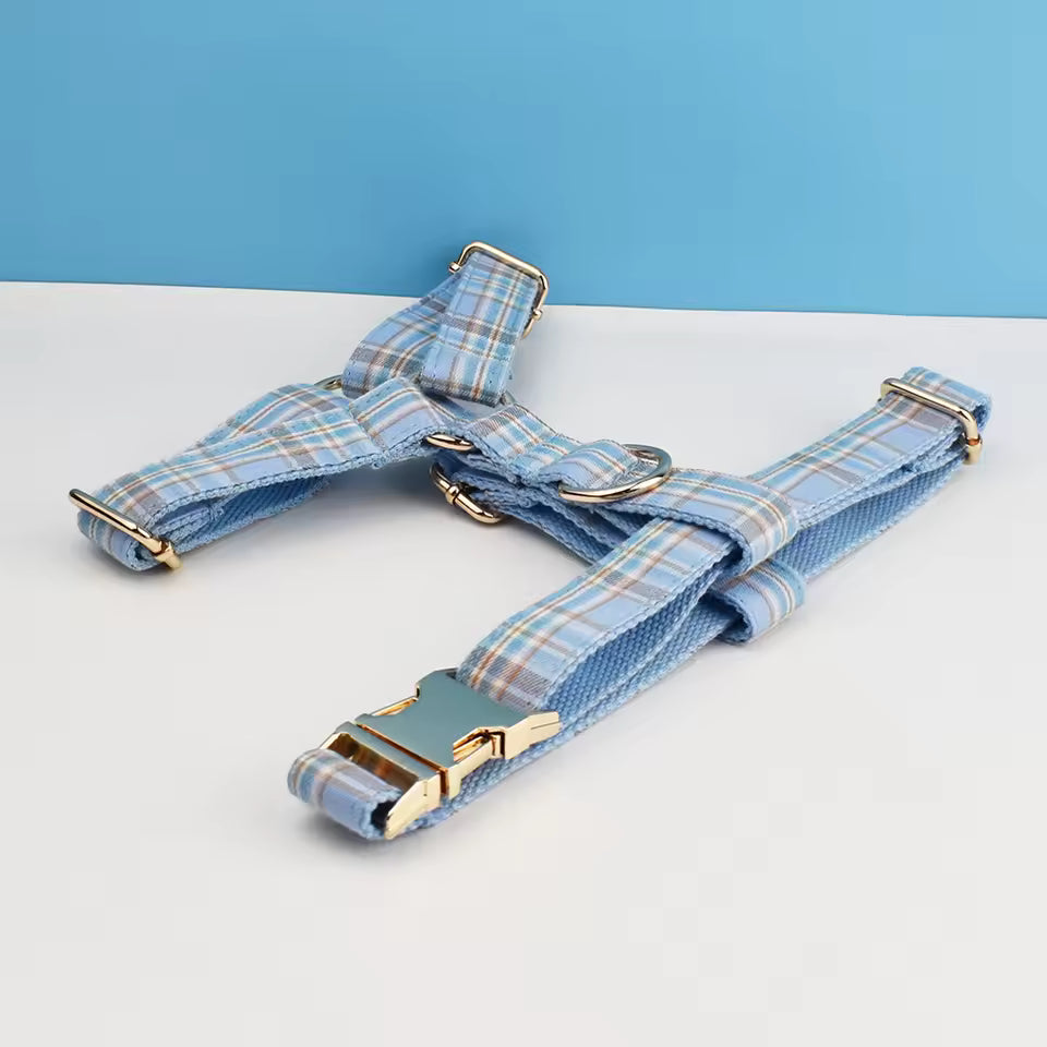 Personalized No-Pull Dog Harness Set – Blue Plaid | Custom Collar, Leash & Engraved Hardware