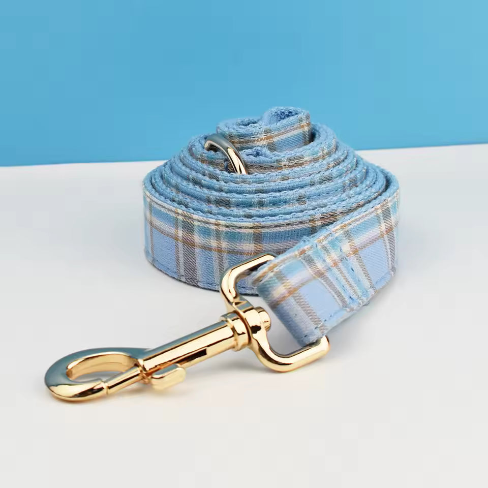 Personalized No-Pull Dog Harness Set – Blue Plaid | Custom Collar, Leash & Engraved Hardware