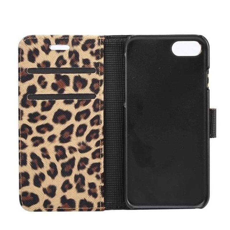 Leopard Print PU Leather Flip Cover Wallet Kickstand For iPhone