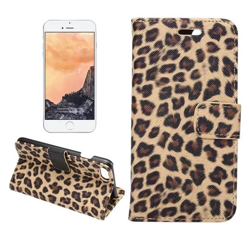 Leopard Print PU Leather Flip Cover Wallet Kickstand For iPhone