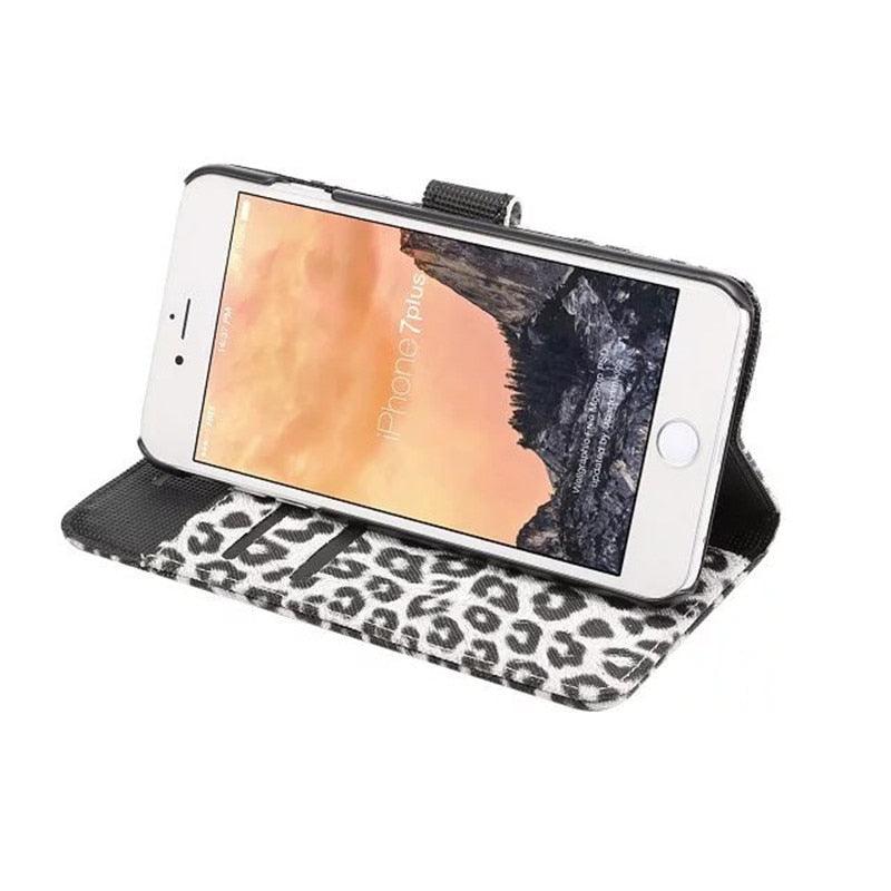 Leopard Print PU Leather Flip Cover Wallet Kickstand For iPhone