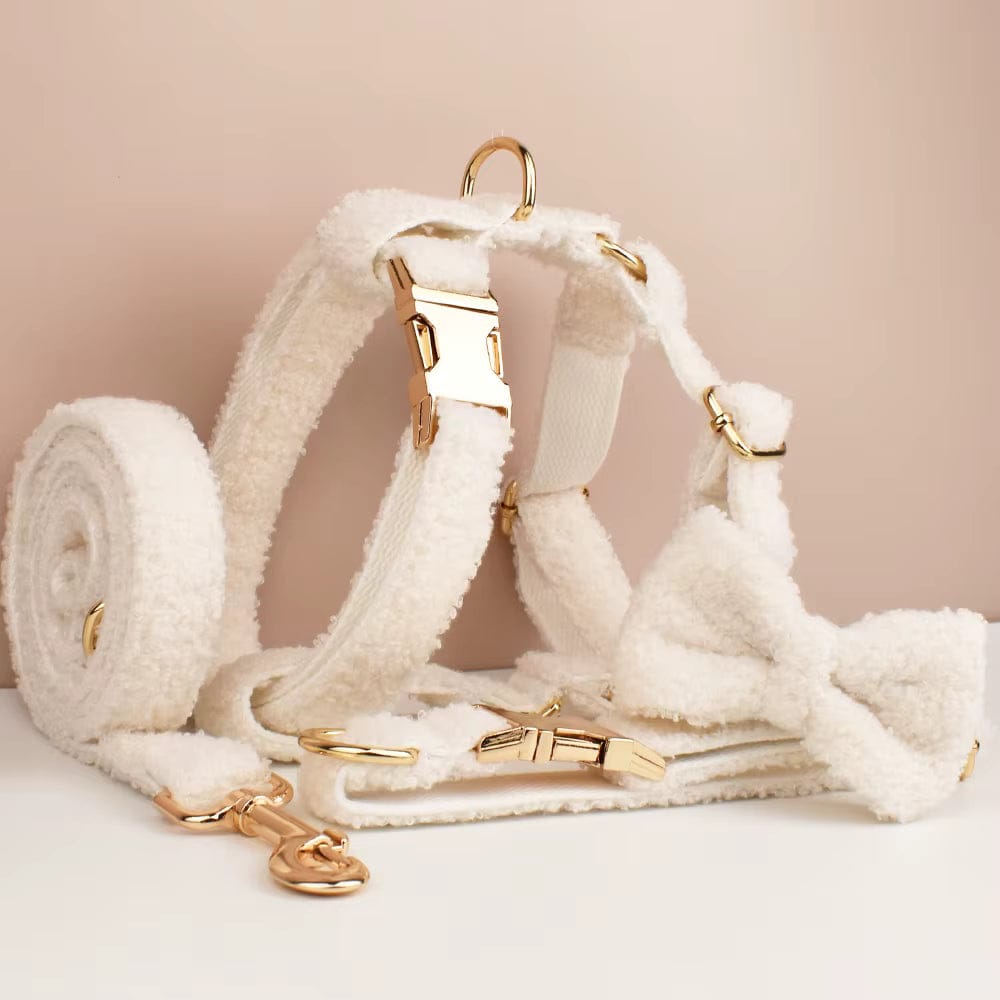 Handmade Knitted Dog Harness Set – Wedding Teddy | Personalized Collar, Leash & Engraved Buckle