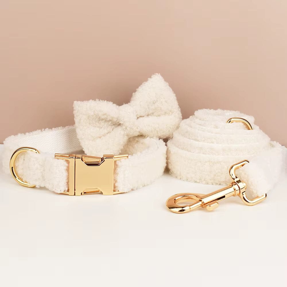 Handmade Knitted Dog Harness Set – Wedding Teddy | Personalized Collar, Leash & Engraved Buckle