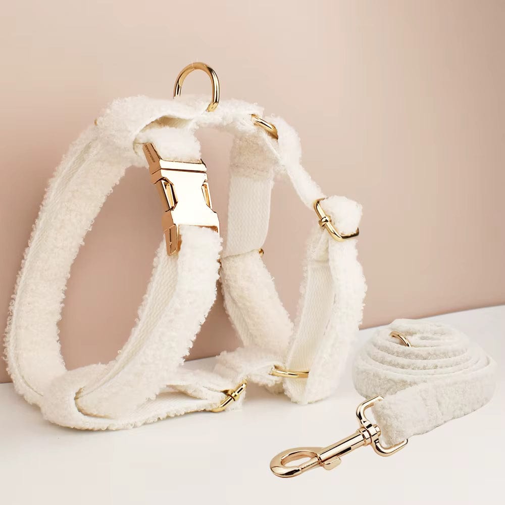 Handmade Knitted Dog Harness Set – Wedding Teddy | Personalized Collar, Leash & Engraved Buckle