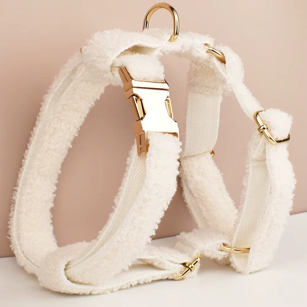 Handmade Knitted Dog Harness Set – Wedding Teddy | Personalized Collar, Leash & Engraved Buckle
